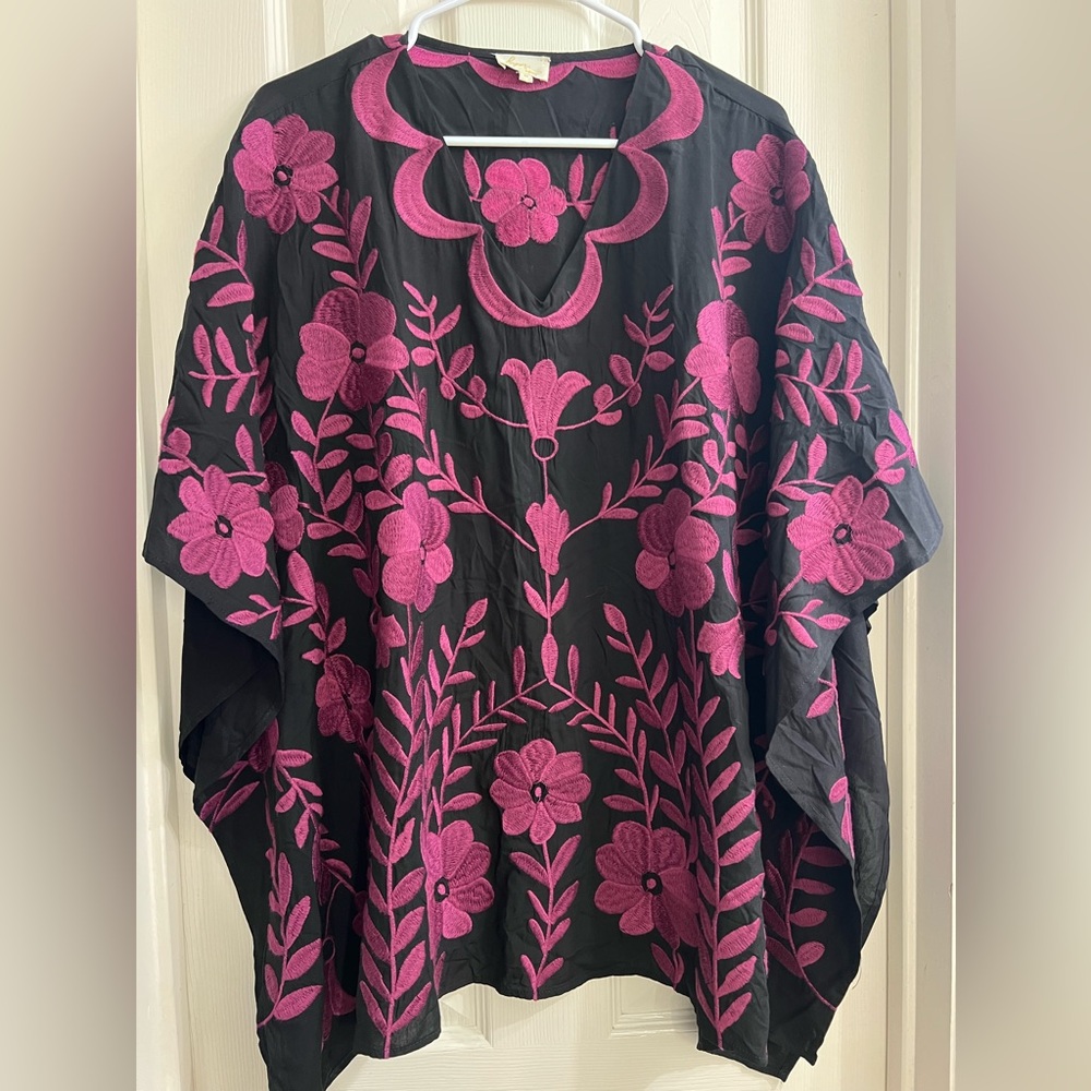Layers Poncho Women Medium Black Pink Embroidery
